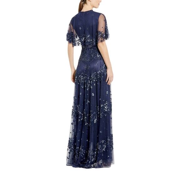 Mac Duggal 9192 Size 14 Blue Sequined High Neck Flutter Sleeve A-Line Gown Dress - Picture 4 of 4